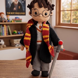 May include: A crocheted doll of a young boy with messy brown hair, round black glasses, and a lightning bolt scar on the forehead. The doll wears a grey sweater, a black robe, and a red and yellow striped scarf, while holding a grey toy sword.