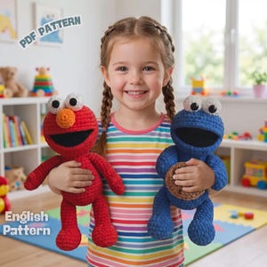 Padrão de crochê amigurumi do Monstro Cokie e do Monstro Elmo, brinquedo de pelúcia de 25 cm (download digital)