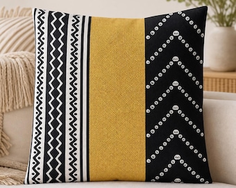 Boho Chevron Colorblock Pillow Cover, Mustard Yellow Black Tribal Pattern, 18x18 Cushion