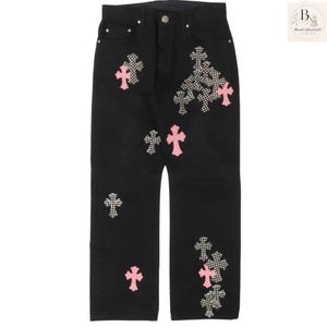 Czarne, luźne jeansy z nadrukiem krzyżowym | Spodnie jeansowe Y2K Streetwear