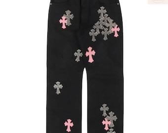 Black Cross Print Baggy Jeans | Y2K Streetwear Denim Pants