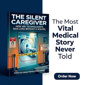 Op de afbeelding: Een boek getiteld The Silent Caregiver: How MRI Technologists Save Lives Without a Scalpel door Latanya Charles RT(MR) AMRIT. De kaft bevat een illustratie van een MRI-apparaat in een klinische ruimte met geel waarschuwingslint.