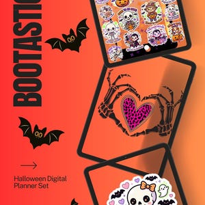 May include: A digital Halloween planner set displayed on three tablets against an orange background with black bat silhouettes and the text BOOTASTIC. The screens show colorful stickers of skeletons, ghosts, and pumpkins, plus a skeleton hand heart.