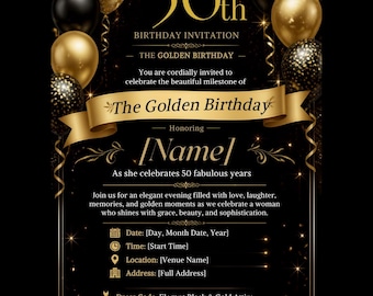 Plantilla de invitación de cumpleaños número 50, cumpleaños en dorado y negro