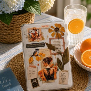 Kindle-Einlegekarte mit orangefarbenem Blumenmuster | Dekoration im Vintage-Scrapbook-Stil, Geschenk für Bücherliebhaber