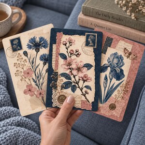 Kindle-Einlegekarten-Set (3er-Set) | Vintage-Blumenmuster für Kindle | Marineblau & Altrosa Dekor für Basic Paperwhite Colorsoft