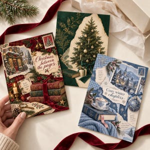 Könnte beinhalten: Drei rechteckige Grußkarten mit Winter- und Feiertagsmotiven. Eine Karte zeigt einen Buchladen mit dem Text "Christmas between the pages", eine weitere einen geschmückten Weihnachtsbaum und die dritte eine verschneite Szene mit dem Text "Cozy winter chapters".