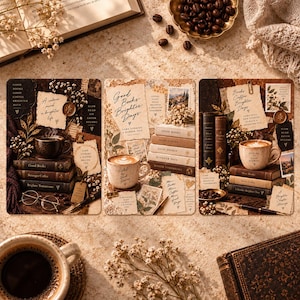 Puede incluir: Tres láminas rectangulares con imágenes tipo collage de tazas de café, libros apilados y notas manuscritas. Los diseños incorporan tonos marrones cálidos, detalles florales y textos como Good Books Brighter Days y A calmer mind a brighter life.