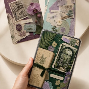 May include: Three rectangular cards featuring layered collage designs with botanical, architectural, and vintage elements. One card displays a greenhouse scene and the text "KEEP GROWING," another shows an orchid, and the third includes a dragonfly.