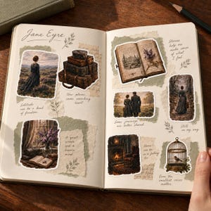 Jane Eyre-inspirerade klistermärken | Glansiga vinylklistermärkesark | Viktoriansk gotisk boklig dagbok och scrapbooking-set
