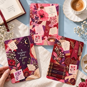 Könnte beinhalten: Drei rechteckige Karten mit Collagen-Designs, floralen Motiven, buchbezogenen Texten, Briefmarken-Illustrationen und Wachssiegel-Grafiken in Rosa-, Rot- und Dunkellila-Tönen, akzentuiert durch kleine Herzsymbole und goldene Details.