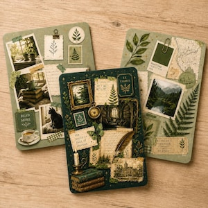 Peut inclure: Trois carnets rectangulaires aux couvertures de style collage ornées d'images botaniques, vintage et littéraires. Les motifs incluent des photographies, des illustrations de fougères, des timbres, des notes manuscrites et des objets.