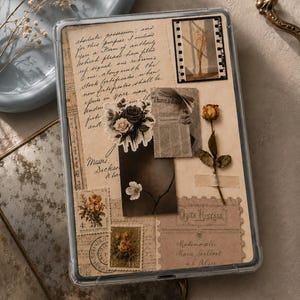 May include: A clear protective tablet case featuring a collage of vintage-style ephemera, including handwritten cursive script, floral illustrations, postage stamps, a film strip, a newspaper clipping with the text "I have a dream," and a dried rose.