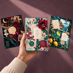 Könnte beinhalten: Drei rechteckige dekorative Karten mit Collagen-Designs, Blumenmotiven, Wachssiegeln und inspirierenden Texten. Die mittlere Karte zeigt den Satz A good story always finds you, umgeben von rosa Blumen, einem Schmetterling und einem türkisen Wachssiegel.