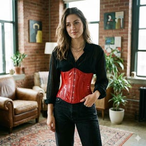 May include: A glossy red corset featuring a front busk closure with silver-toned metal clasps, worn over a black long-sleeved button-down shirt and dark denim jeans. The corset has a structured, paneled design with a curved hemline.