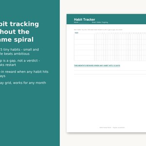 May include: A white habit tracker sheet with a teal header featuring the text Habit Tracker, Month, and Small, Visible, Forgiving. It includes a 31-day grid for five habits, a section for this month's reward, and text about habit tracking without the shame spiral.