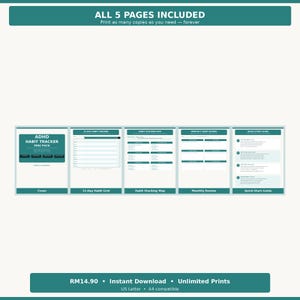 May include: A five-page digital habit tracker set featuring a teal and white colour scheme. The pages include a cover titled ADHD Habit Tracker Mini Pack, a 31-day habit grid, a habit stacking map, a monthly habit review, and a quick-start guide.