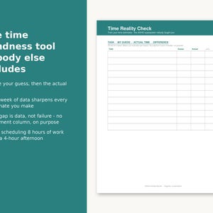 May include: A Time Reality Check printable worksheet with a teal header and white background. The document features a grid table with columns for Task, My Guess, Actual Time, and Difference. Text includes The time blindness tool nobody else includes.