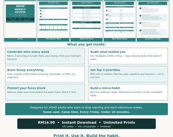ADHD Weekly Review Printable | 10-Minute Friday Ritual | Wins Tracker Brain Dump Next Week Setup | Instant Download PDF