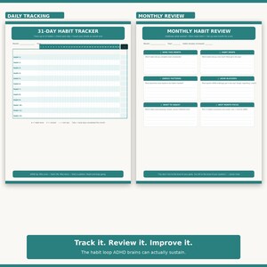 May include: A two-page printable habit tracker planner in teal and white. The left page features a 31-day habit tracker grid for 13 habits. The right page includes a monthly habit review section with prompts for wins, drops, energy patterns, and adjustments.