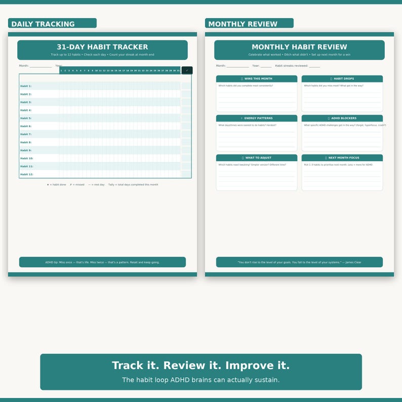 May include: A two-page printable habit tracker planner in teal and white. The left page features a 31-day habit tracker grid for 13 habits. The right page includes a monthly habit review section with prompts for wins, drops, energy patterns, and adjustments.