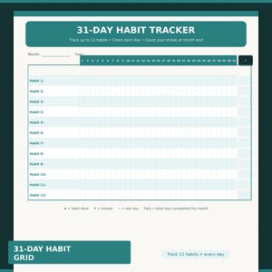 May include: A 31-day habit tracker printable sheet with a teal header and white background. It features a grid for 12 habits, numbered columns 1 through 31, and a legend defining symbols for habit done, missed, rest day, and total monthly tally.