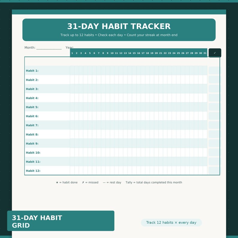 May include: A 31-day habit tracker printable sheet with a teal header and white background. It features a grid for 12 habits, numbered columns 1 through 31, and a legend defining symbols for habit done, missed, rest day, and total monthly tally.