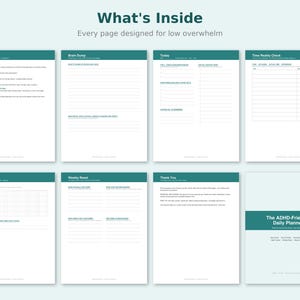 May include: A collection of eight planner pages with teal headers and white backgrounds. The pages include sections titled Start Here, Brain Dump, Today, Time Reality Check, Habit Tracker, Weekly Reset, Thank You, and The ADHD-Friendly Daily Planner.
