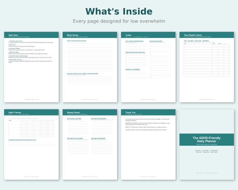 May include: A collection of eight planner pages with teal headers and white backgrounds. The pages include sections titled Start Here, Brain Dump, Today, Time Reality Check, Habit Tracker, Weekly Reset, Thank You, and The ADHD-Friendly Daily Planner.