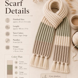 May include: A ribbed knit scarf featuring color-blocked sections in cream, sage, and greige with cream-colored tassels at both ends. The image includes text detailing a finished width of 8 inches, a length of 71 inches, and a 9 mm needle size.