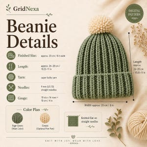 May include: A sage green knitted beanie with a cream-colored pom-pom. The image includes text detailing the pattern specifications: finished width of 8 inches, length of 10.25-11 inches, super bulky yarn, 9 mm US 13 needles, and a 4-inch gauge.