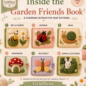Może przedstawiać: Zestaw wzorów dziewiarskich zatytułowany Inside the Garden Friends Book zawierający 6 interaktywnych wzorów stron: pszczoła i kwiat, biedronka, ślimak, grzyb, motyl oraz królik z liściem. Książka zawiera tekst i ilustracje dzianinowych wzorów.