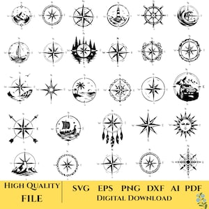 May include: A collection of thirty black and white circular compass rose designs featuring various motifs including mountains, ships, lighthouses, palm trees, and suns. The text at the bottom reads High Quality File SVG EPS PNG DXF AI PDF Digital Download.