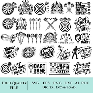 Peut inclure: Une collection d'illustrations vectorielles en noir et blanc représentant des cibles de fléchettes, des fléchettes et divers slogans comme Eat Sleep Darts Repeat, Darts Is Life et Aim for the Bullseye. Ces designs incluent des icônes de joueurs et cibles.