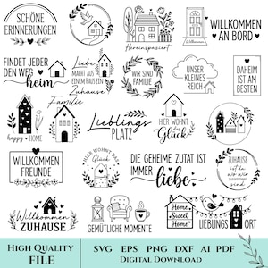 Peut inclure: Une collection de vingt motifs graphiques en noir et blanc présentant diverses illustrations de maisons, des éléments floraux et des phrases allemandes telles que Schöne Erinnerungen, Willkommen an Bord et Die geheime Zutat ist immer Liebe.
