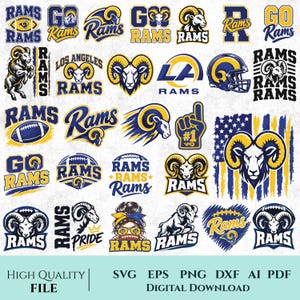 Op de afbeelding: Een verzameling Los Angeles Rams sportlogo's en afbeeldingen in blauw, geel en wit. Ontwerpen bevatten ramkoppen, footballs, het LA-logo, helmen, schuimvingers en Amerikaanse vlagmotieven met de tekst Rams, Go Rams en Rams Pride.