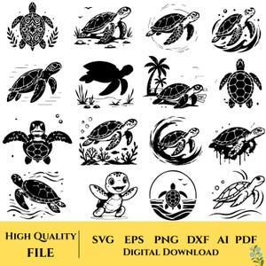 Puede incluir: Una colección de dieciséis ilustraciones de tortugas marinas en blanco y negro en varias poses, incluyendo nadando, caminando y diseños estilizados. La sección inferior presenta el texto: HIGH QUALITY FILE SVG EPS PNG DXF AI PDF DIGITAL DOWNLOAD.
