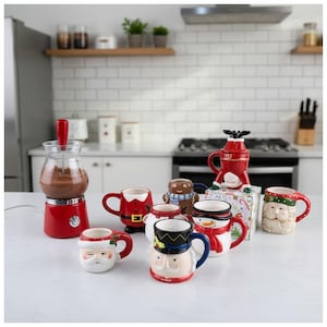 Könnte beinhalten: Ein roter elektrischer Trinkschokoladenbereiter mit Glaskaraffe und eine Sammlung weihnachtlicher Keramiktassen in Form von Weihnachtsmann, Schneemann, Nussknacker und Lebkuchenmann sowie eine rote Tasse mit einer Weihnachtsmannfigur oben.