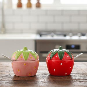 May include: Two ceramic strawberry-shaped jars with lids and small white spoons. One jar is light pink with yellow seeds and a green leafy top, while the other is bright red with white seeds and a green leafy top, both featuring rounded bases.