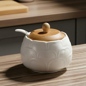 Può includere: Una zuccheriera in ceramica bianca con una texture esterna a petali smerlati. È dotata di un coperchio rotondo in legno chiaro con un piccolo pomello e di un cucchiaino in ceramica bianca abbinato inserito nell'apposita tacca laterale.