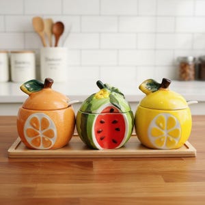 Ceramic Fruit Sugar Bowl with Lid and Spoon – Orange, Lemon, Watermelon Kitchen Decor