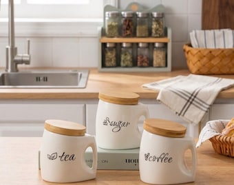 White Ceramic Canister Set with Bamboo Lids – Coffee, Tea, Sugar Storage Jars