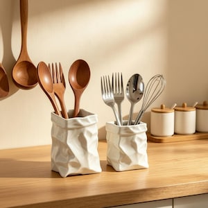 Ceramic Crumpled Paper Bag Vase: Trompe L'oeil Utensil Holder, Pen Cup Storage Jar