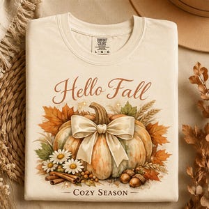 Puede incluir: Una camiseta color crema con el gráfico de una calabaza adornada con un lazo grande, rodeada de hojas de otoño, margaritas, ramas de canela y bellotas. El texto dice Hello Fall y Cozy Season en una tipografía de color marrón.