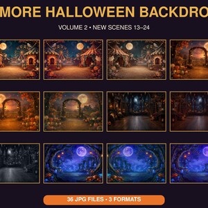 May include: A collection of 12 Halloween backdrops labeled Volume 2, featuring new scenes 13-24. The digital display includes various night settings with pumpkins, full moons, carnival tents, and dark forests. It includes 36 JPG files in 3 formats.