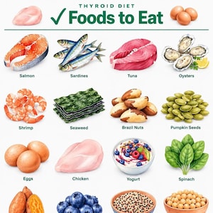 May include: A printable chart titled Thyroid Diet Foods to Eat featuring illustrations of salmon, sardines, tuna, oysters, shrimp, seaweed, Brazil nuts, pumpkin seeds, eggs, chicken, yogurt, spinach, sweet potatoes, blueberries, quinoa, and chickpeas.