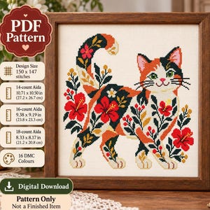 Floral Calico Cat Cross Stitch Pattern PDF, Hibiscus Flower Counted Chart, Digital Download