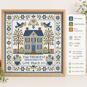 Blessed Home Folk Art Sampler Cross Stitch Pattern PDF – House Bird Floral Design
