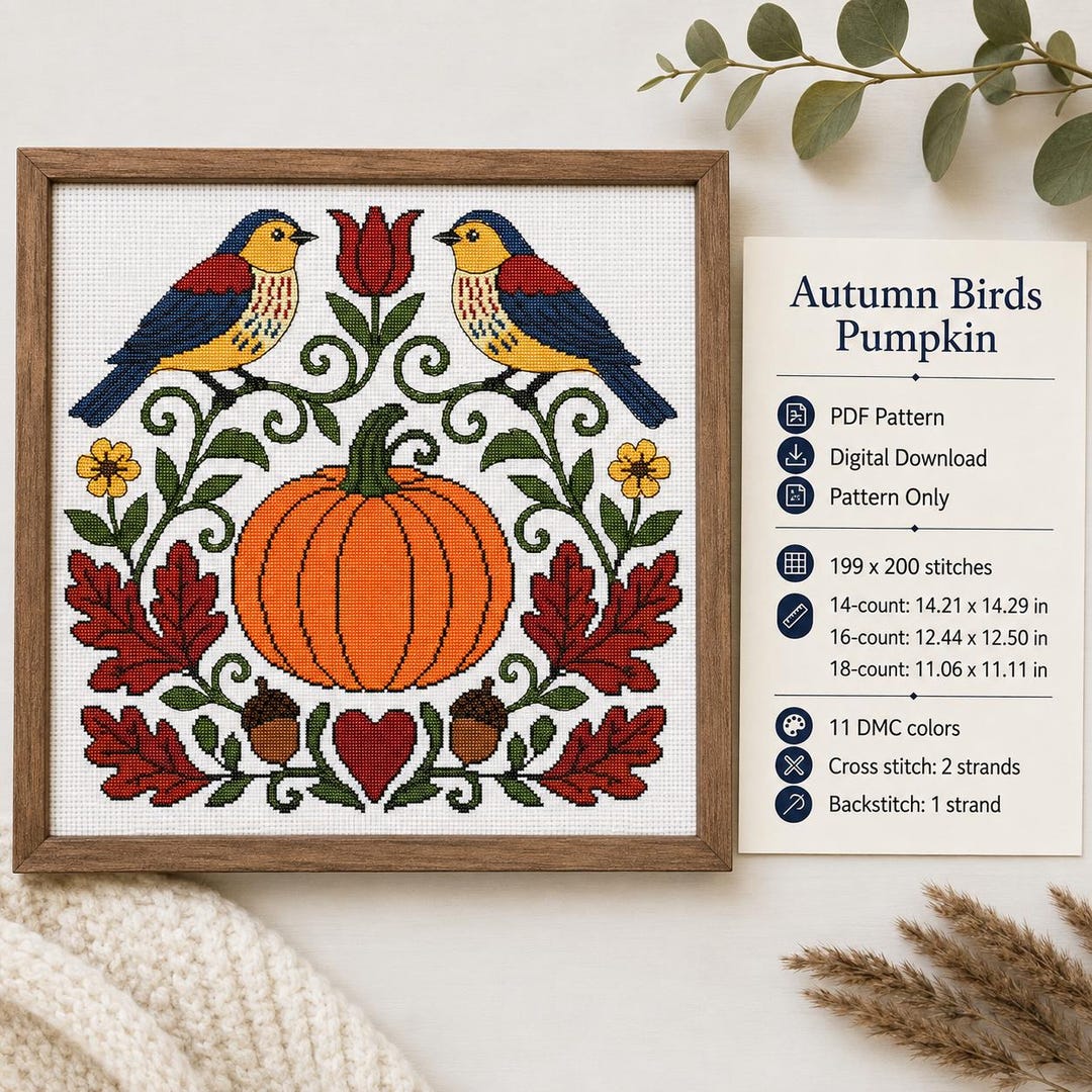 Autumn Birdspumpkin Fall Design Cross Stitch Pattern PDF - Etsy UK