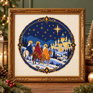 May include: A framed cross-stitch embroidery depicting three figures on horseback traveling toward a distant castle under a dark blue night sky filled with yellow stars, all enclosed within a circular decorative border in a gold-toned frame.